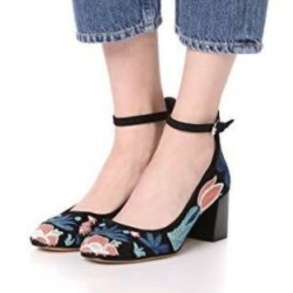 REBECCA MINKOFF EMBROIDERED ANKLE STRAP HEEL 7.5 - Picture 1 of 7